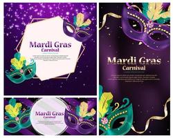 Carnaval Background set.Traditional mask with feathers and confetti for fesival, masquerade, parade.Template for design invitation,flyer, poster, banners. Vector Illustration EPS10