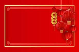 Abstract Chinese Holiday Background with hanging lanterns and gold coins. Vector Illustration EPS10