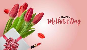 Happy Mothers Day Background with Realistic Tulip flowers and gift box. Vector Illustration