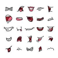 vector de bocas en diferentes posiciones. con dientes, lengua, sonriendo, enojado, abierto, hablando, etc.