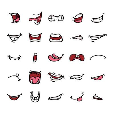 Mouths vector set in different positions. With teeth, tongue, smiling, anger, opened, talking, etc.
