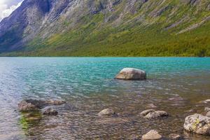 Amazing Besseggen Mountain ridge and turquoise lake landscape in Norway photo