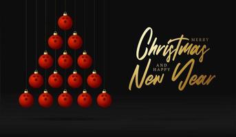 bolos tarjeta de felicitación de navidad y año nuevo árbol de adorno. árbol de navidad creativo hecho por bola de boliche sobre fondo negro para la celebración de navidad y año nuevo. tarjeta de felicitación deportiva vector