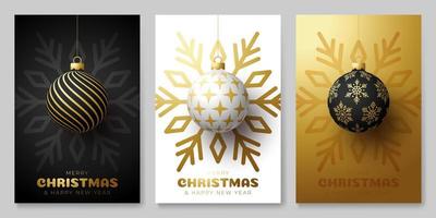 Conjunto de póster simple de bola de Navidad. Navidad conjunto de fondos, tarjetas de felicitación, carteles web, portadas de vacaciones. diseño con ilustración realista de víspera de año nuevo. vector