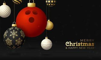 bowling Christmas card. Merry Christmas sport greeting card. Hang on a thread bowling ball as a xmas ball and golden bauble on black horizontal background. Sport Vector illustration.