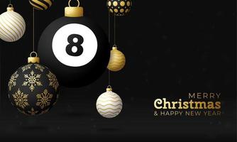 billiard Christmas card. Merry Christmas sport greeting card. Hang on a thread billiard ball as a xmas ball and golden bauble on black horizontal background. Sport Vector illustration.