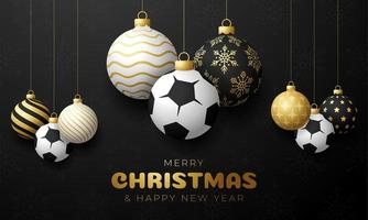 soccer Sport Christmas card. Merry Christmas sport greeting card. Hang on a thread soccer, football ball as a xmas ball and golden bauble on black horizontal background. Sport Vector illustration.