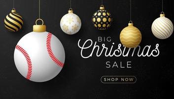 tarjeta de navidad de béisbol. Feliz Navidad tarjeta de felicitación deportiva. colgar de una pelota de béisbol de hilo como una bola de Navidad y adorno dorado sobre fondo negro horizontal. Ilustración de vector de deporte.