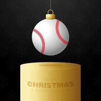 béisbol deporte pedestal de adorno navideño. Feliz Navidad tarjeta de felicitación deportiva. colgar de una pelota de béisbol de hilo como una pelota de Navidad en el podio dorado sobre fondo negro. Ilustración de vector de deporte.