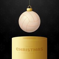 volleyball Christmas bauble pedestal. Merry Christmas sport greeting card. Hang on a thread volleyball ball as a xmas ball on golden podium on black background. Sport Vector illustration.