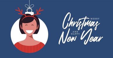 Christmas balls with cute person character woman deer hat horns. Merry christmas and happy new year greeting card banner Cartoon winter holidays set vector