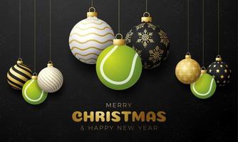 tennis Christmas card. Merry Christmas sport greeting card. Hang on a thread Tennis ball as a xmas ball and golden bauble on black horizontal background. Sport Vector illustration.