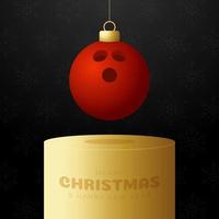 pedestal de adorno navideño de bolos. Feliz Navidad tarjeta de felicitación deportiva. colgar de una bola de bolos de hilo como una bola de Navidad en el podio de oro sobre fondo negro. Ilustración de vector de deporte.