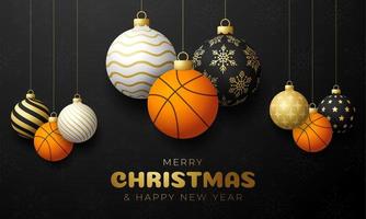 tarjeta de navidad de baloncesto. Feliz Navidad tarjeta de felicitación deportiva. colgar de una pelota de baloncesto de hilo como una bola de Navidad y adorno dorado sobre fondo negro horizontal. Ilustración de vector de deporte.