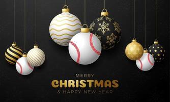 tarjeta de navidad de béisbol. Feliz Navidad tarjeta de felicitación deportiva. colgar de una pelota de béisbol de hilo como una bola de Navidad y adorno dorado sobre fondo negro horizontal. Ilustración de vector de deporte.