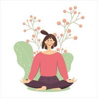 concepto meditando niña contra un trigo y flores, la mujer se relaja y se calma en la posición de loto. Te deseo buena salud y bienestar durante la meditación. ilustración vectorial en un estilo plano. vector