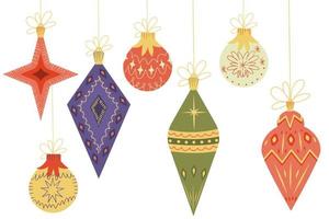 Retro vintage Christmas balls isolated on white background. A set of toys for a Christmas tree of different shapes in Mid-Century Modern style design. Vector illustration.