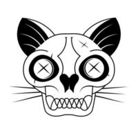 Cartoon black cat head with skull, cute Schrodinger s cat illustration, half dead and alive. Funny Halloween clip art vector