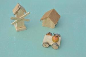 Items on wooden cart mockup photo