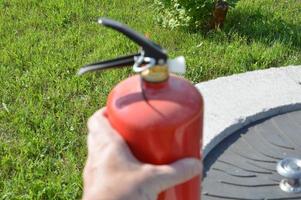 Handheld fire extinguisher to protect home and interior from fire photo