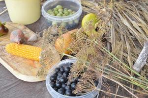 Still life of harvested berries and vegetables in the garden photo