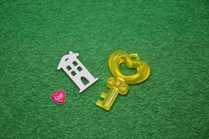 Receiving keys to his apartment building on a background of green grass photo