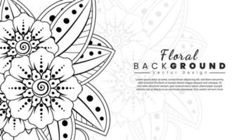 fondo con flores mehndi. líneas negras sobre fondo blanco. banner o plantilla de tarjeta vector