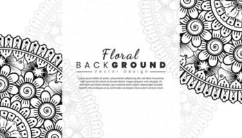 fondo con flores mehndi. líneas negras sobre fondo blanco. banner o plantilla de tarjeta vector