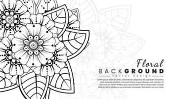 fondo con flores mehndi. líneas negras sobre fondo blanco. banner o plantilla de tarjeta vector