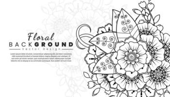 fondo con flores mehndi. líneas negras sobre fondo blanco. banner o plantilla de tarjeta vector