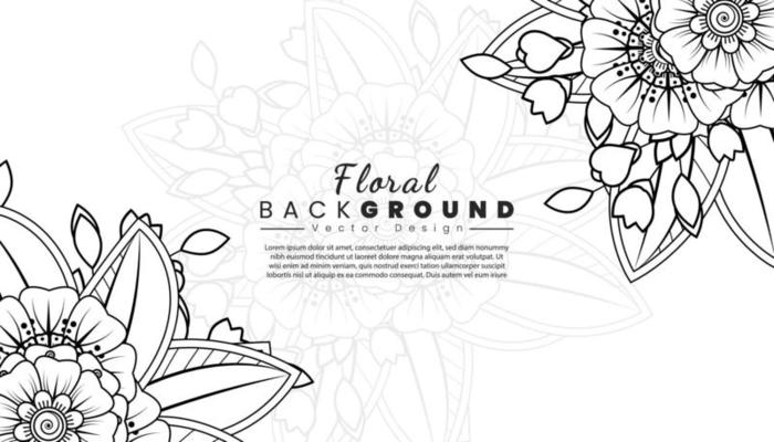 Background with mehndi flowers. Black lines on white background. Banner or card template
