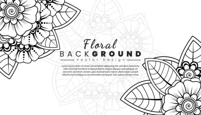 Background with mehndi flowers. Black lines on white background. Banner or card template