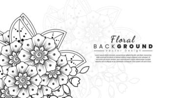 fondo con flores mehndi. líneas negras sobre fondo blanco. banner o plantilla de tarjeta vector