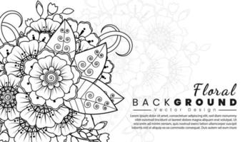 fondo con flores mehndi. líneas negras sobre fondo blanco. banner o plantilla de tarjeta vector