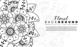 fondo con flores mehndi. líneas negras sobre fondo blanco. banner o plantilla de tarjeta vector