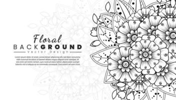 fondo con flores mehndi. líneas negras sobre fondo blanco. banner o plantilla de tarjeta vector