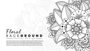 fondo con flores mehndi. líneas negras sobre fondo blanco. banner o plantilla de tarjeta vector