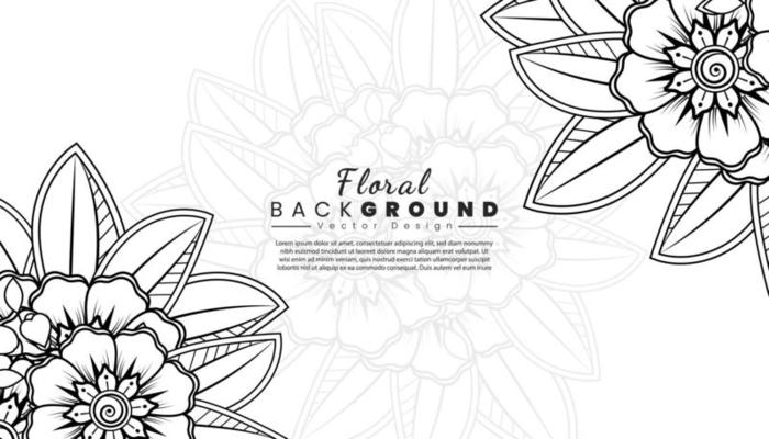 Background with mehndi flowers. Black lines on white background. Banner or card template