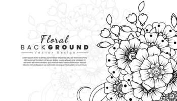 fondo con flores mehndi. líneas negras sobre fondo blanco. banner o plantilla de tarjeta vector