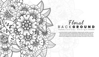 Background with mehndi flowers. Black lines on white background. Banner or card template vector