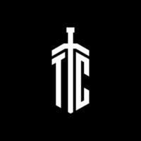 Monograma del logotipo de TC con plantilla de diseño de cinta de elemento espada vector