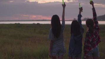 Aziatische vrouw gelukkige vrienden kamperen in de natuur plezier samen bier drinken en rammelende glazen. video