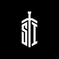 monograma del logotipo de si con plantilla de diseño de cinta de elemento de espada vector