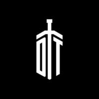 DT logo monogram with sword element ribbon design template vector