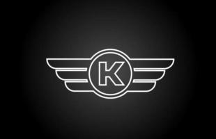 K alphabet letter logo icon for business and company with black and white line wing design vector