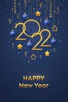 Happy New 2022 Year. Hanging Golden metallic numbers 2022 with shining 3D metallic stars, balls and confetti on blue background. New Year greeting card, banner template. Realistic Vector illustration.