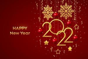 Happy New 2022 Year. Hanging Golden metallic numbers 2022 with shining snowflakes, 3D metallic stars, balls and confetti on red background. New Year greeting card or banner template. Vector.