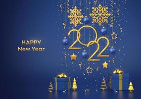 Happy New 2022 Year. Hanging golden metallic numbers 2022 with snowflakes, stars and balls on blue background. Gift boxes and golden metallic pine or fir, cone shape spruce trees. Vector illustration.