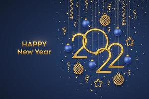Happy New 2022 Year. Hanging Golden metallic numbers 2022 with shining 3D metallic stars, balls and confetti on blue background. New Year greeting card, banner template. Realistic Vector illustration.