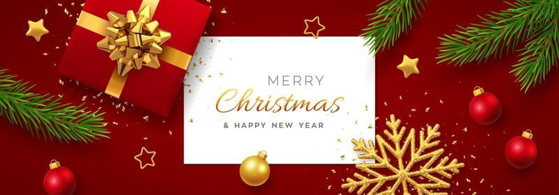 Christmas background with square paper banner, realistic red gift box with golden bow, pine branches, gold stars and glitter snowflake, balls bauble. Xmas background, greeting cards. Vector.
